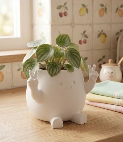 Barış İşareti Yapan Sevimli Saksı - Kawaii Mini Sukulent Saksısı
