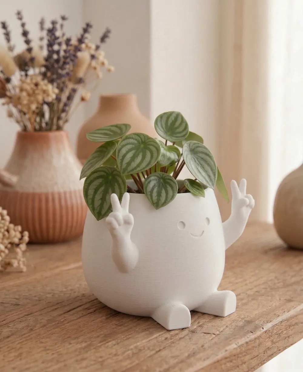 Barış İşareti Yapan Sevimli Saksı - Kawaii Mini Sukulent Saksısı
